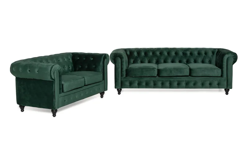 Chesterfield Lyx Soffgrupp 3+2 i Sammet, Grön