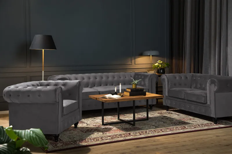 Chesterfield Lyx Soffgrupp 3+2+1 i Sammet - Grå - Möbler - Vardagsrum - Soffgrupper - Chesterfield soffgrupp
