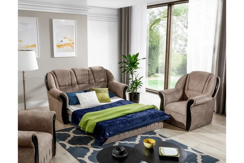 Fica Soffgrupp Bäddsoffa + 2 Fåtöljer - Läder/Ljusbrun - Möbler - Vardagsrum - Soffgrupper