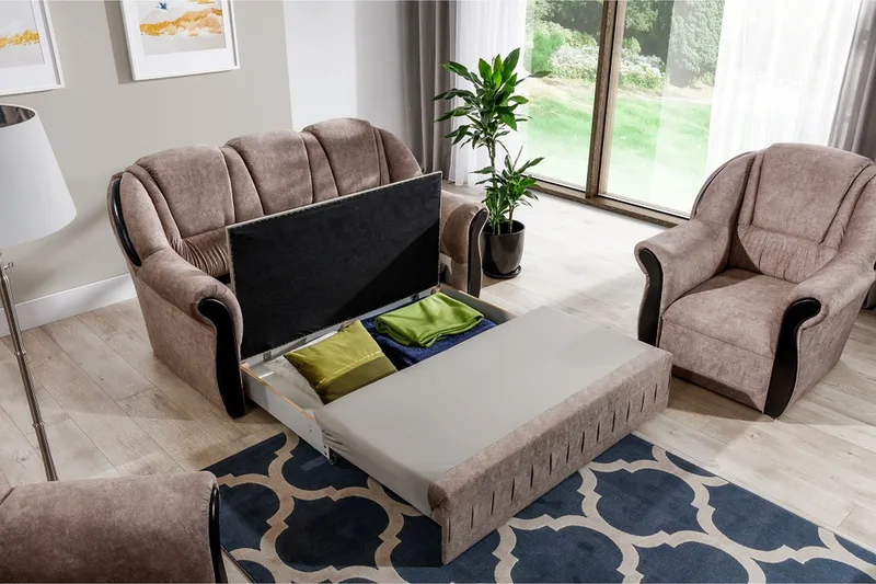 Fica Soffgrupp Bäddsoffa + 2 Fåtöljer - Läder/Ljusbrun - Möbler - Vardagsrum - Soffgrupper