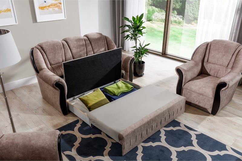 Fica Soffgrupp Bäddsoffa + 2 Fåtöljer - Läder/Ljusbrun - Möbler - Vardagsrum - Soffgrupper