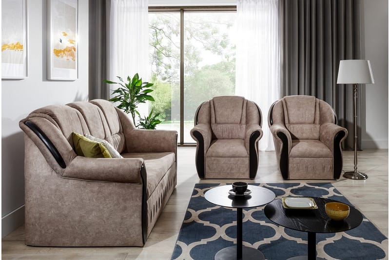 Fica Soffgrupp Bäddsoffa + 2 Fåtöljer - Läder/Ljusbrun - Möbler - Vardagsrum - Soffgrupper