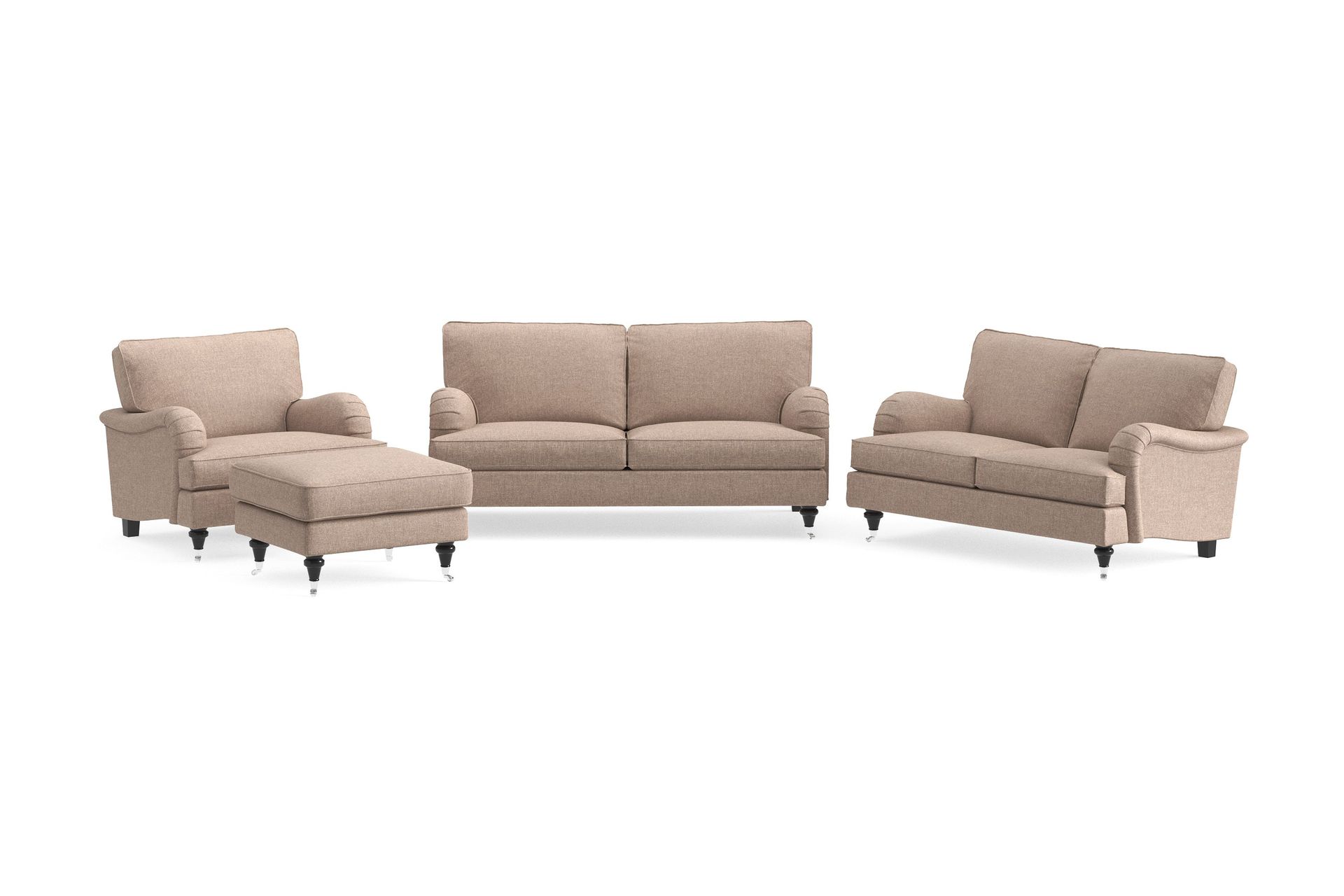 howard classic soffgrupp 2-sits + liten 2-sits soffa + fåtölj + fotpall i tyg - mörkbeige