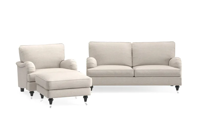 Howard Classic Soffgrupp 2-sits Soffa + Fåtölj + Fotpall i Tyg, Beige