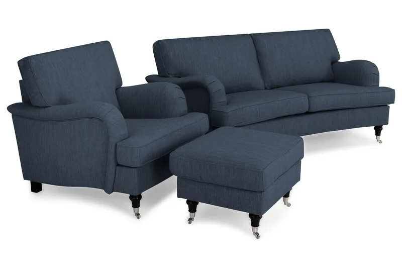 Howard Classic Soffgrupp 2-sits Svägd Soffa + Fåtölj + Fotpall i Tyg - Blå - Möbler - Vardagsrum - Soffgrupper - Chesterfield soffgrupp