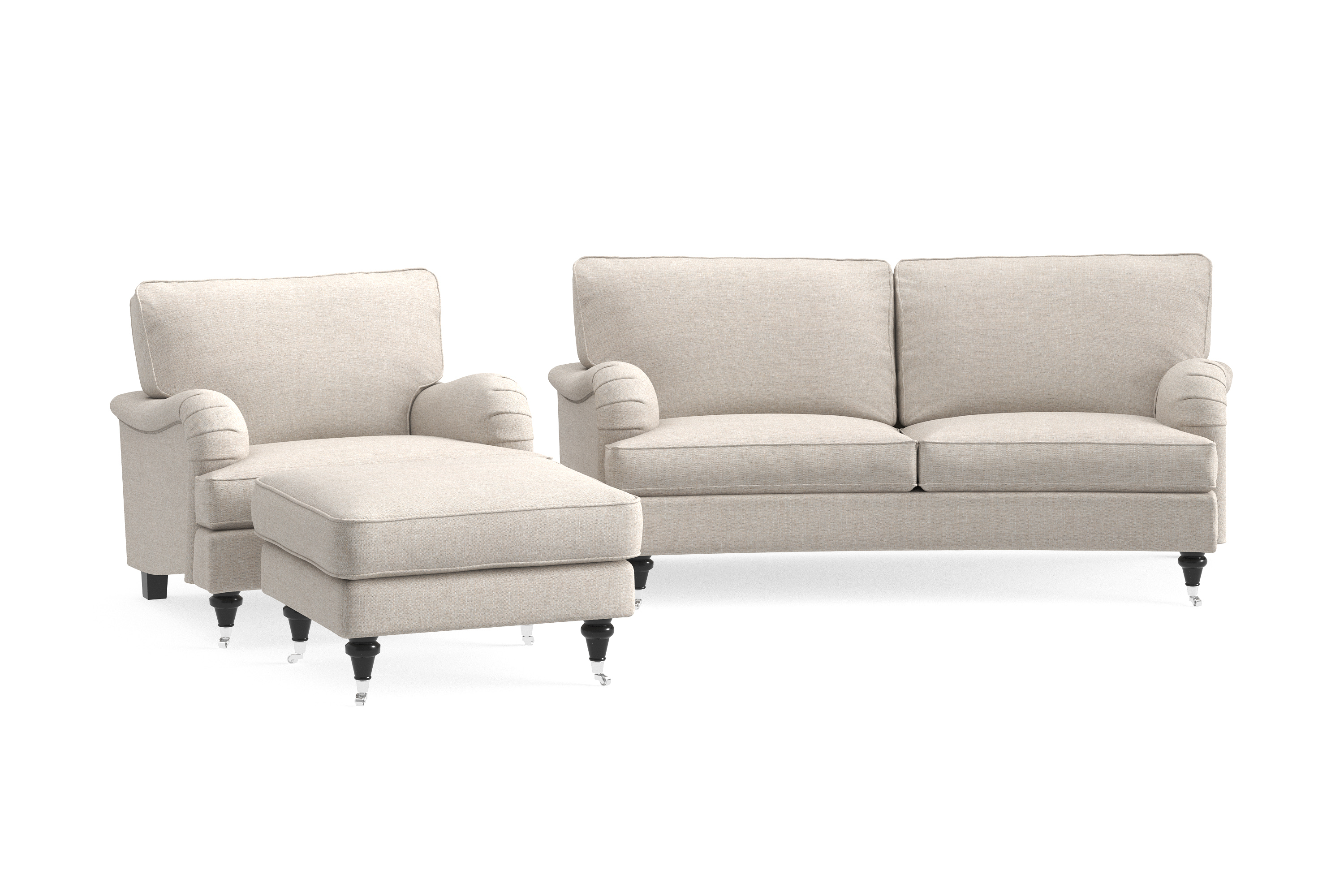 howard classic soffgrupp 2-sits svängd soffa + fåtölj + fotpall i tyg - beige