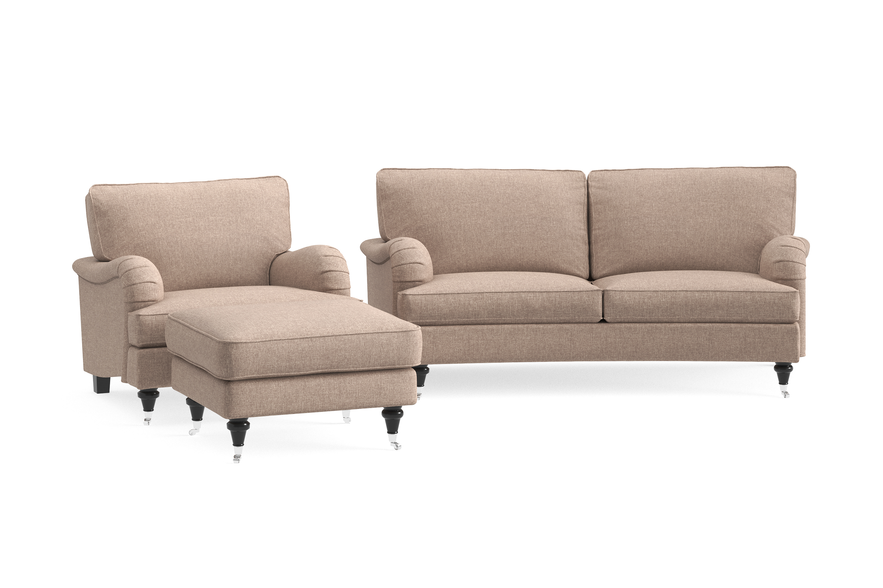 howard classic soffgrupp 2-sits svängd soffa + fåtölj + fotpall i tyg - mörkbeige
