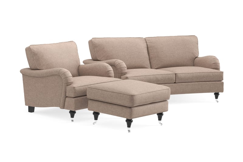 Howard Classic Soffgrupp 2-sits Svängd Soffa + Fåtölj + Fotpall i Tyg - Mörkbeige - Möbler - Vardagsrum - Soffgrupper - Howard soffgrupp