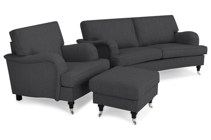 Howard Classic Soffgrupp 2-sits Svängd Soffa + Fåtölj + Fotpall i Tyg - Mörkgrå - Möbler - Vardagsrum - Soffgrupper