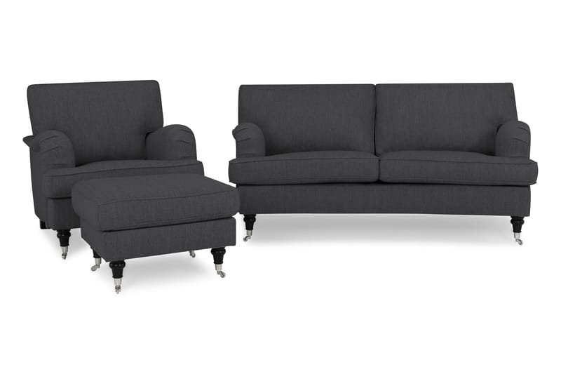 Howard Classic Soffgrupp 2-sits Svängd Soffa + Fåtölj + Fotpall i Tyg - Mörkgrå - Möbler - Vardagsrum - Soffgrupper