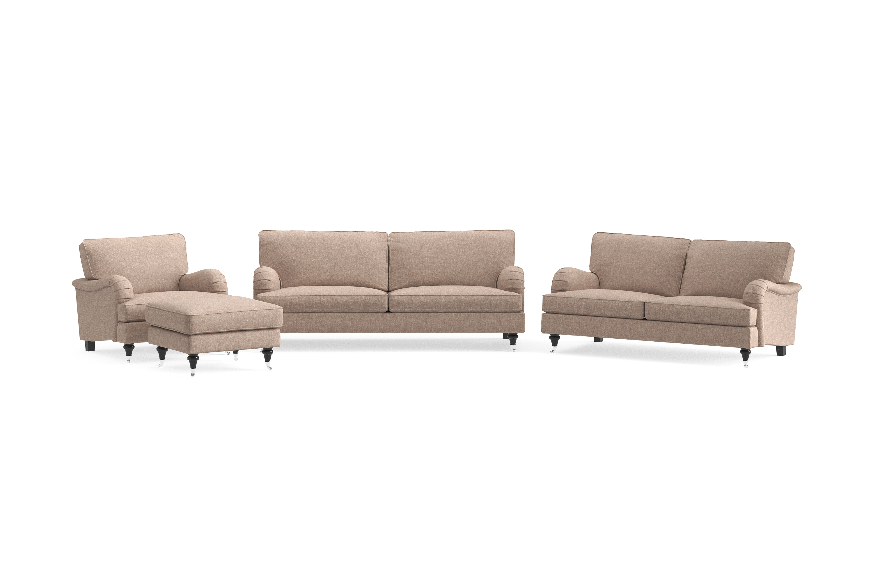 howard classic soffgrupp 3-sits + 2-sits soffa + fåtölj + fotpall i tyg - mörkbeige