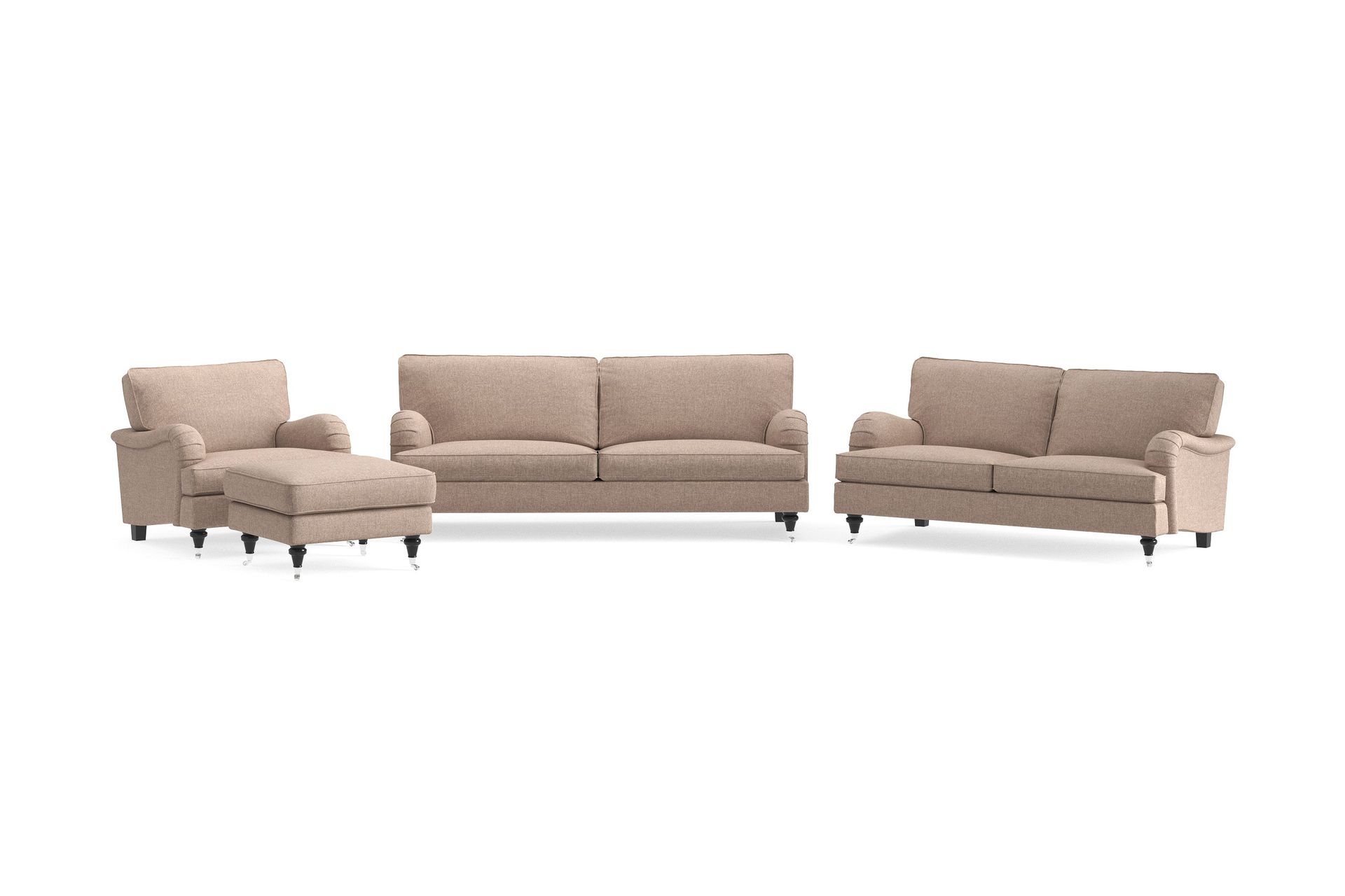 Howard Classic Soffgrupp 3-sits + 2-sits Soffa + F&aring;t&ouml;lj + Fotpall i Tyg - M&ouml;rkbeige