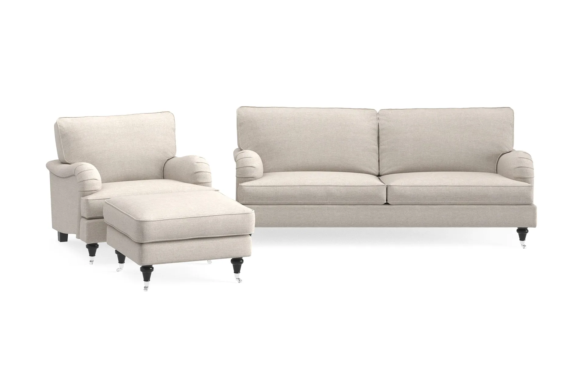 Howard Classic Soffgrupp 3-sits Soffa + F&aring;t&ouml;lj + Fotpall i Tyg - Beige