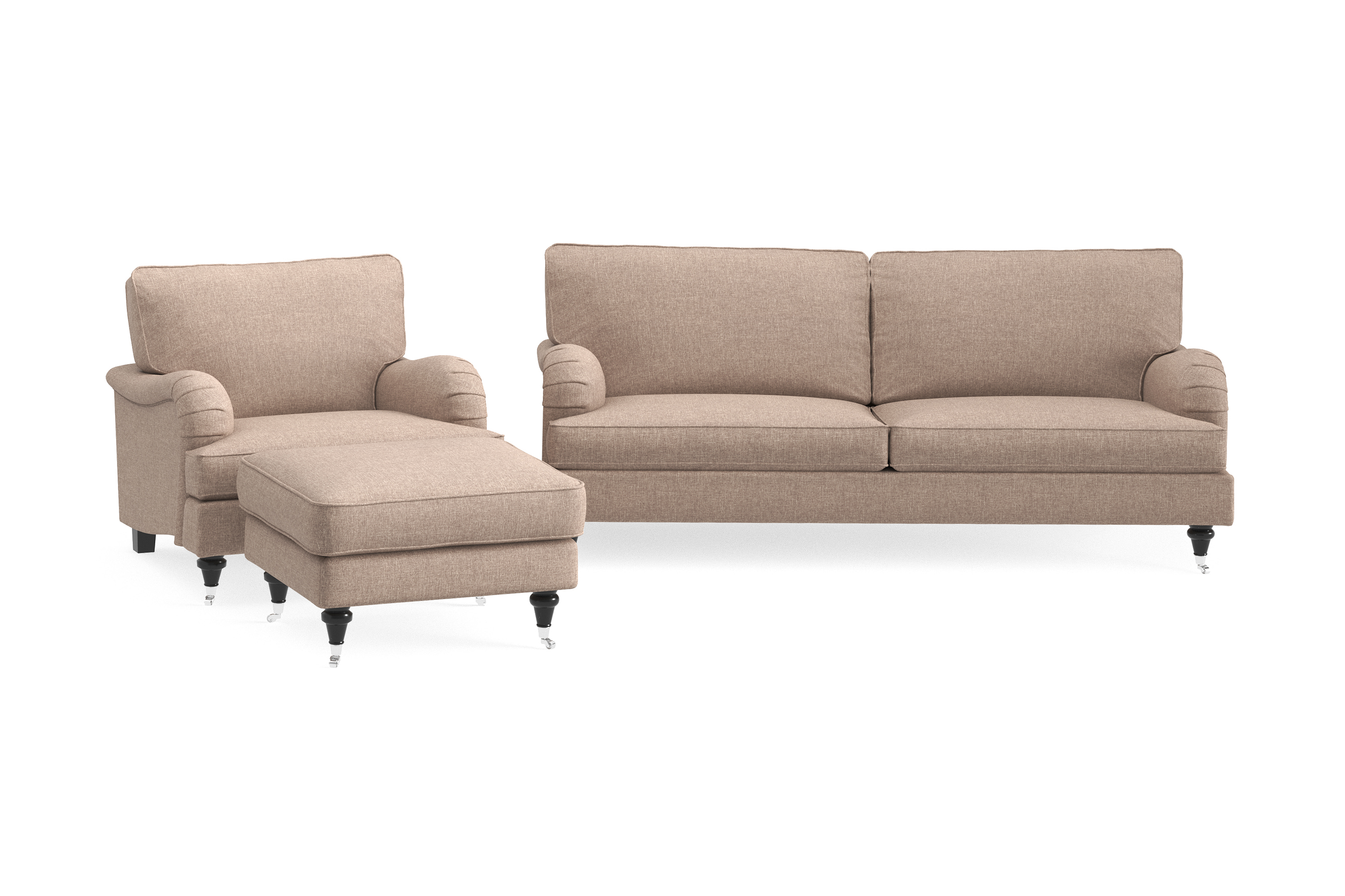 howard classic soffgrupp 3-sits soffa + fåtölj + fotpall i tyg - mörkbeige