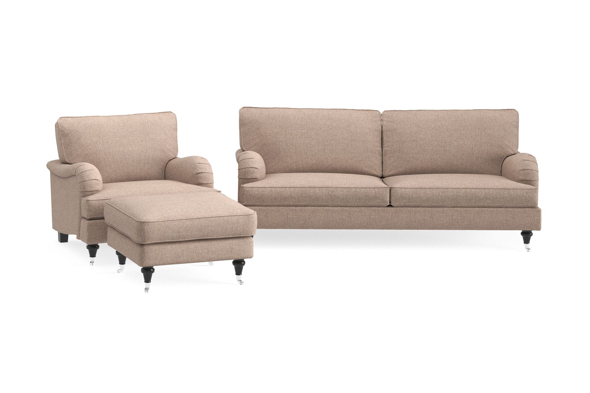 howard classic soffgrupp 3-sits soffa + fåtölj + fotpall i tyg - mörkbeige