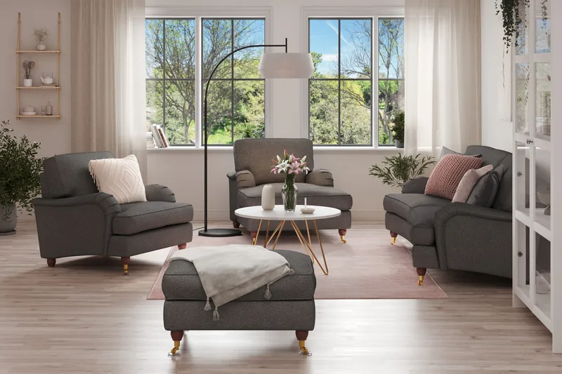 Howard Lyx Soffgrupp 3-sits Svägd Soffa + Divanfåtölj + Fåtölj + Fotpall i Tyg - Mörkgrå - Möbler - Vardagsrum - Soffgrupper - Howard soffgrupp