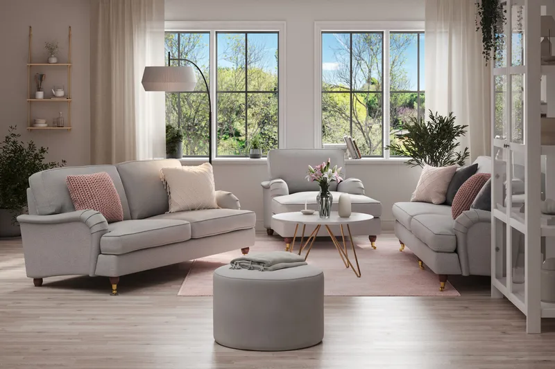 Howard Lyx Soffgrupp 4-sits + 3-sits Soffa + Divanfåtölj i Tyg - Ljusgrå - Möbler - Vardagsrum - Soffgrupper - Howard soffgrupp