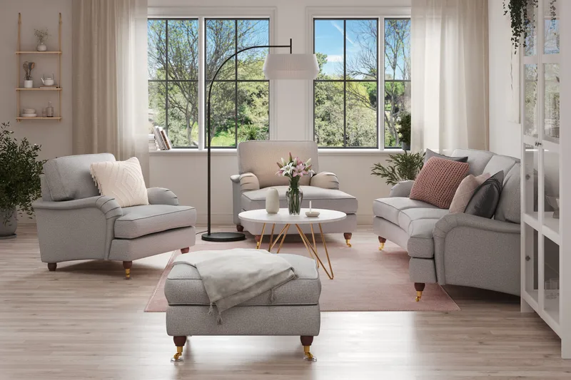 Howard Lyx Soffgrupp 4-sits Svängd Soffa + Divanfåtölj + Fåtölj + Fotpall i Tyg - Ljusgrå - Möbler - Vardagsrum - Soffgrupper - Howard soffgrupp