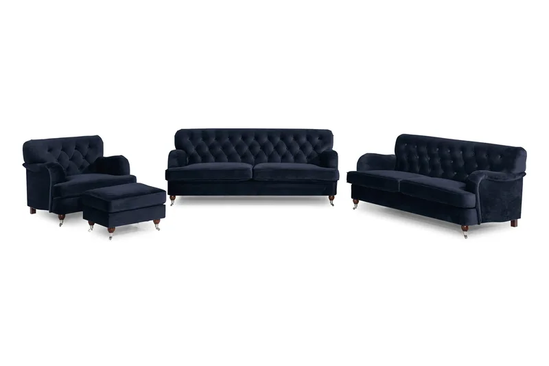 Howard Riviera Soffgrupp 3-sits + 2-sits Soffa + Fåtölj + Fotpall i Sammet - Blå - Möbler - Vardagsrum - Soffgrupper - Howard soffgrupp