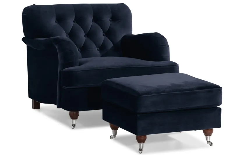 Howard Riviera Soffgrupp 3-sits + 2-sits Soffa + Fåtölj + Fotpall i Sammet - Blå - Möbler - Vardagsrum - Soffgrupper - Howard soffgrupp