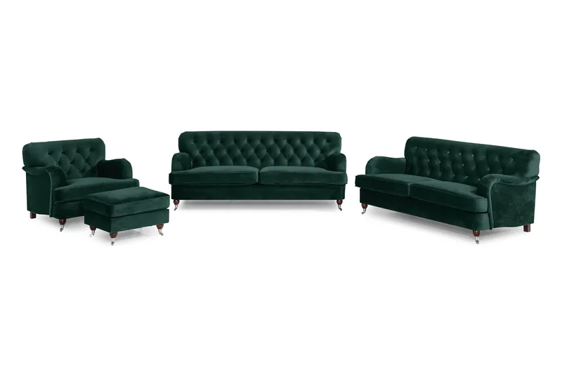 Howard Riviera Soffgrupp 3-sits + 2-sits Soffa + Fåtölj + Fotpall i Sammet - Grön - Möbler - Vardagsrum - Soffgrupper - Howard soffgrupp
