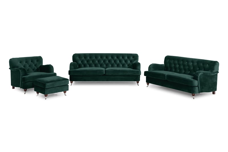 Howard Riviera Soffgrupp 3-sits + 2-sits Soffa + Fåtölj + Fotpall i Sammet - Grön - Möbler - Vardagsrum - Soffgrupper - Howard soffgrupp