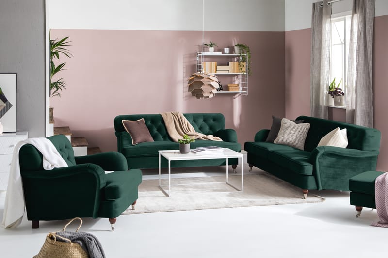 Howard Riviera Soffgrupp 3-sits + 2-sits Soffa + Fåtölj + Fotpall i Sammet - Grön - Möbler - Vardagsrum - Soffgrupper - Howard soffgrupp