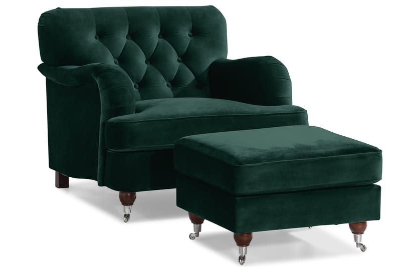 Howard Riviera Soffgrupp 3-sits + 2-sits Soffa + Fåtölj + Fotpall i Sammet - Grön - Möbler - Vardagsrum - Soffgrupper - Howard soffgrupp
