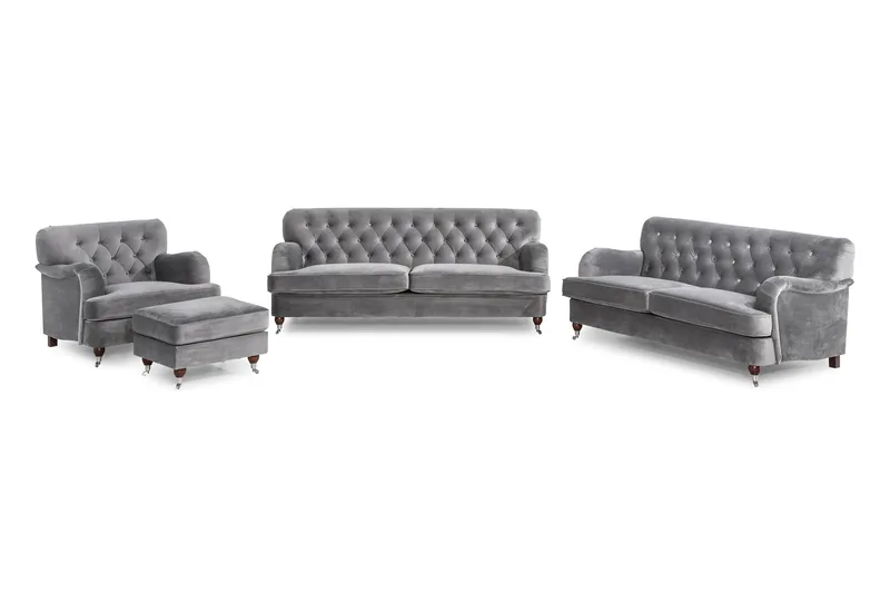 Howard Riviera Soffgrupp 3-sits + 2-sits Soffa + Fåtölj + Fotpall i Sammet - Ljusgrå - Möbler - Vardagsrum - Soffgrupper - Howard soffgrupp
