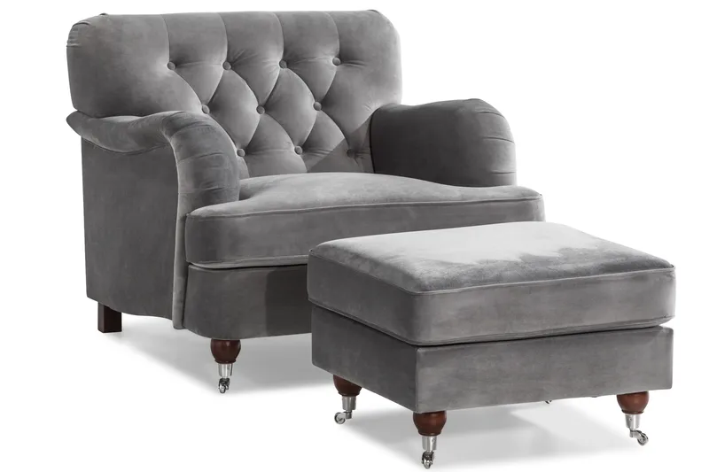 Howard Riviera Soffgrupp 3-sits + 2-sits Soffa + Fåtölj + Fotpall i Sammet - Ljusgrå - Möbler - Vardagsrum - Soffgrupper - Howard soffgrupp