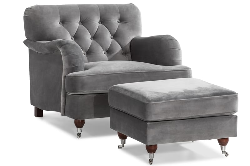 Howard Riviera Soffgrupp 3-sits + 2-sits Soffa + Fåtölj + Fotpall i Sammet - Ljusgrå - Möbler - Vardagsrum - Soffgrupper - Howard soffgrupp