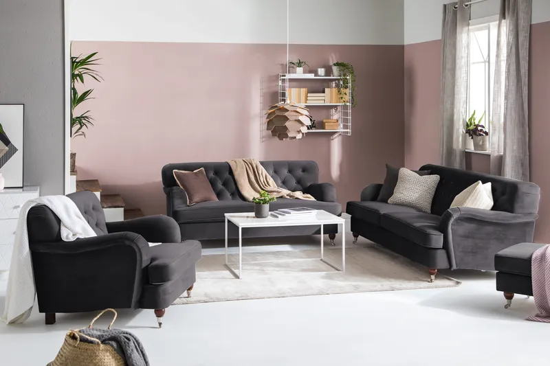 Howard Riviera Soffgrupp 3-sits + 2-sits Soffa + Fåtölj + Fotpall i Sammet - Mörkgrå - Möbler - Vardagsrum - Soffgrupper - Howard soffgrupp
