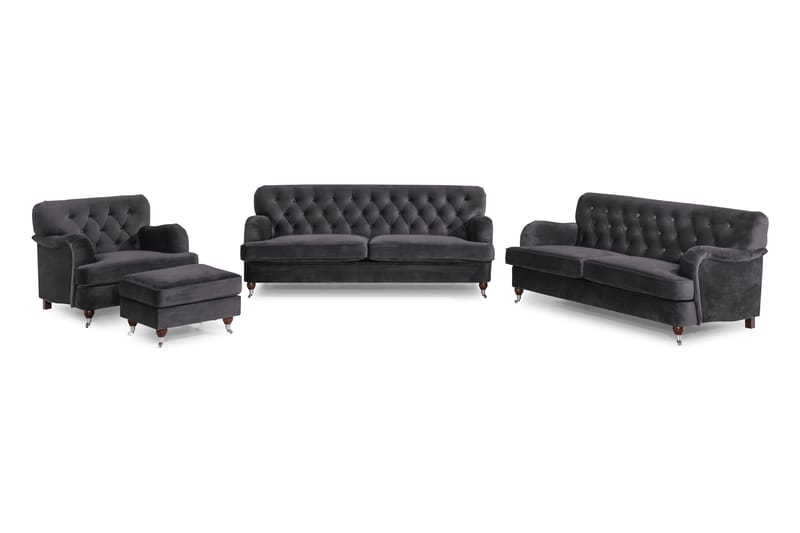 Howard Riviera Soffgrupp 3-sits + 2-sits Soffa + Fåtölj + Fotpall i Sammet - Mörkgrå - Möbler - Vardagsrum - Soffgrupper - Howard soffgrupp