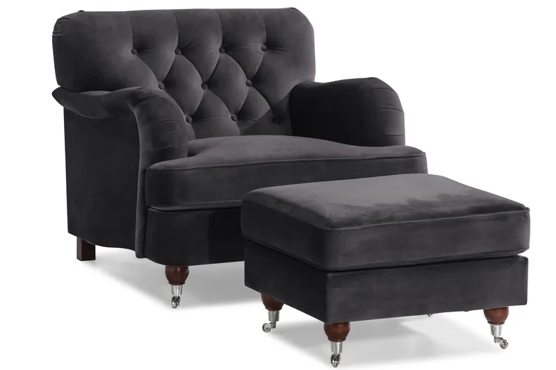 Howard Riviera Soffgrupp 3-sits + 2-sits Soffa + Fåtölj + Fotpall i Sammet - Mörkgrå - Möbler - Vardagsrum - Soffgrupper - Howard soffgrupp