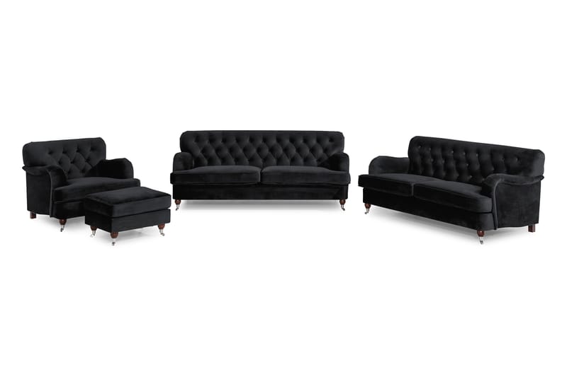 Howard Riviera Soffgrupp 3-sits + 2-sits Soffa + Fåtölj + Fotpall i Sammet - Svart - Möbler - Vardagsrum - Soffgrupper - Howard soffgrupp