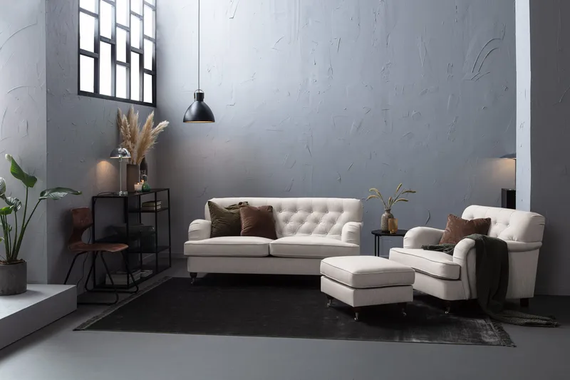 Howard Riviera Soffgrupp 3-sits + 2-sits Soffa + Fåtölj + Fotpall i Tyg - Ljusgrå - Möbler - Vardagsrum - Soffgrupper - Howard soffgrupp