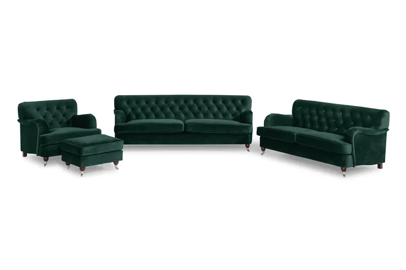 Howard Riviera Soffgrupp Svängd 3-sits + 2-sits Soffa + Fåtölj + Fotpall i Sammet - Grön - Möbler - Vardagsrum - Soffgrupper - Howard soffgrupp