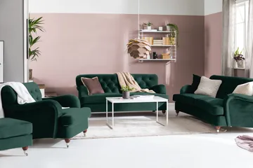 Howard Riviera Soffgrupp Svängd 3-sits + 2-sits Soffa + Fåtölj + Fotpall i Sammet - Grön - Möbler - Vardagsrum - Soffgrupper - Howard soffgrupp