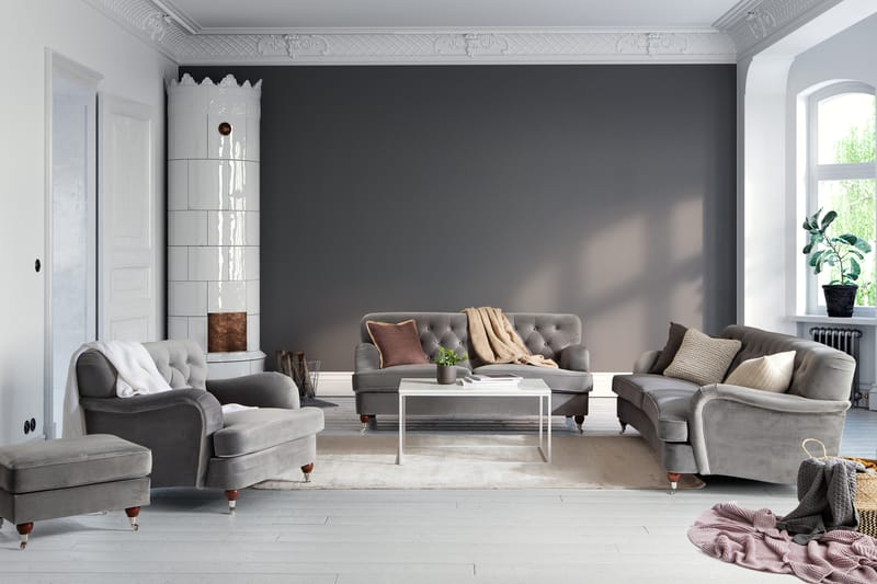 Howard Riviera Soffgrupp Svängd 3-sits + 2-sits Soffa + Fåtölj + Fotpall i Sammet - Ljusgrå - Möbler - Vardagsrum - Soffgrupper - Howard soffgrupp