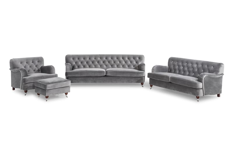 Howard Riviera Soffgrupp Svängd 3-sits + 2-sits Soffa + Fåtölj + Fotpall i Sammet - Ljusgrå - Möbler - Vardagsrum - Soffgrupper - Howard soffgrupp