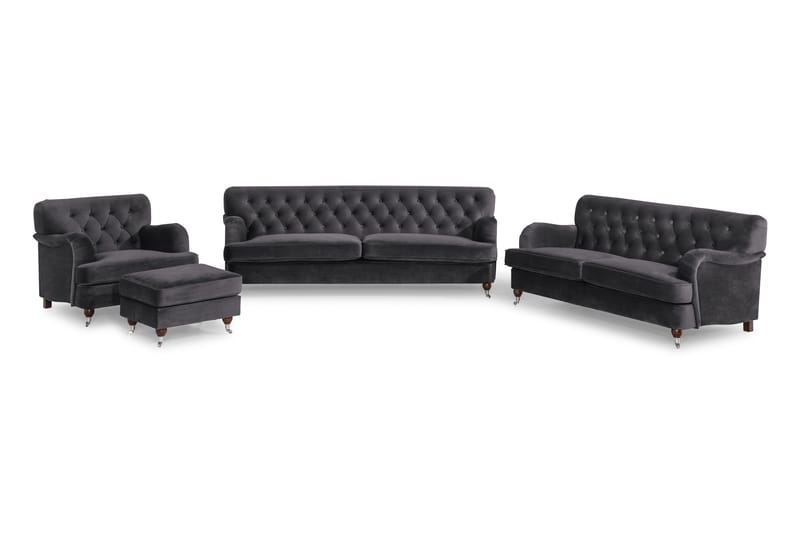 Howard Riviera Soffgrupp Svängd 3-sits + 2-sits Soffa + Fåtölj + Fotpall i Sammet - Mörkgrå - Möbler - Vardagsrum - Soffgrupper - Howard soffgrupp