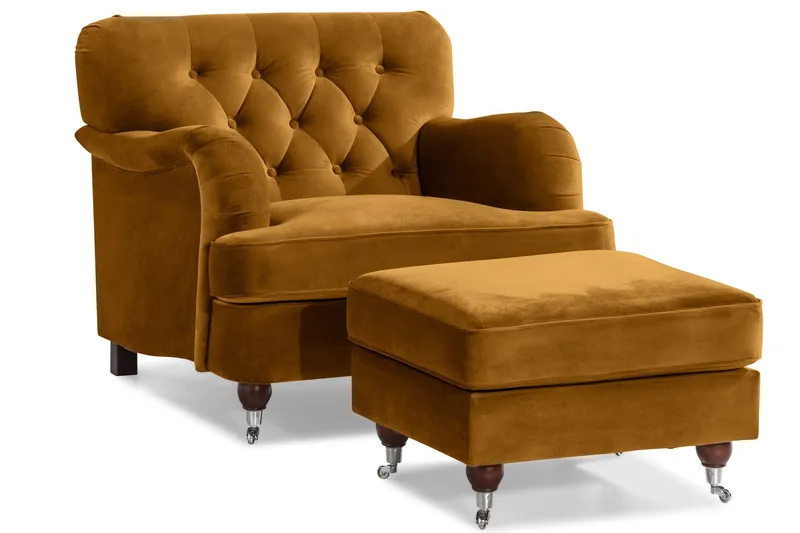 Howard Riviera Soffgrupp Svängd 3-sits + 2-sits Soffa + Fåtölj + Fotpall i Sammet - Mörkgul - Möbler - Vardagsrum - Soffgrupper - Howard soffgrupp