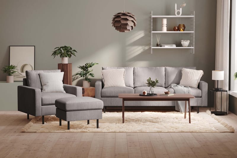 Peppe Soffgrupp 3-sits Soffa + Fåtölj + Fotpall i Manchester - Grå - Möbler - Vardagsrum - Soffgrupper