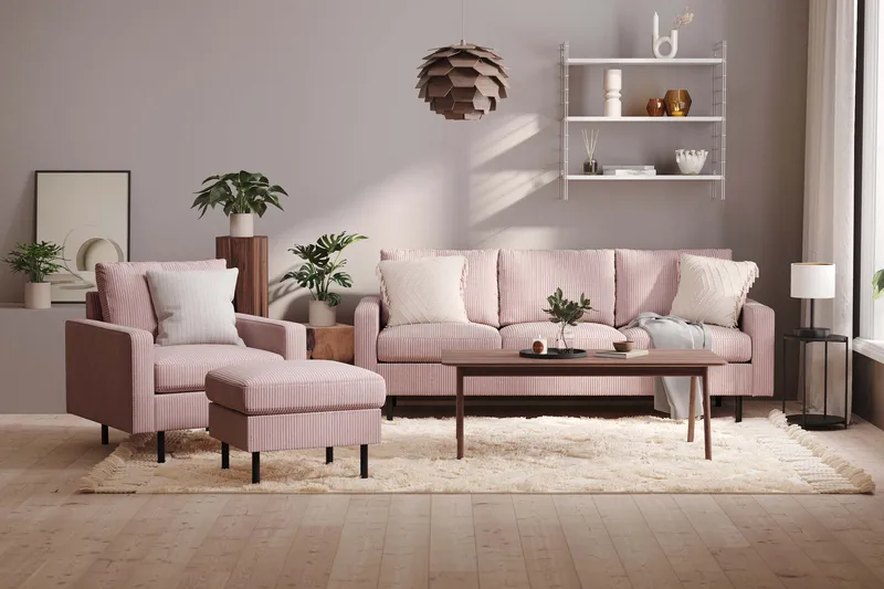 Peppe Soffgrupp 3-sits Soffa + Fåtölj + Fotpall i Manchester - Rosa - Möbler - Vardagsrum - Soffgrupper