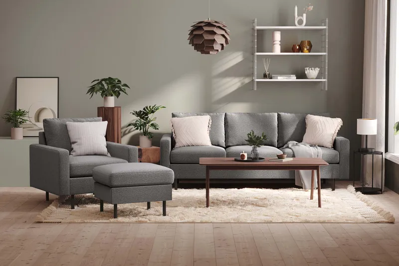 Peppe Soffgrupp 3-sits Soffa + Fåtölj + Fotpall i Tyg - Ljusgrå - Möbler - Vardagsrum - Soffgrupper