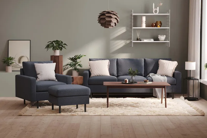 Peppe Soffgrupp 3-sits Soffa + Fåtölj + Fotpall i Tyg - Mörkgrå - Möbler - Vardagsrum - Soffgrupper