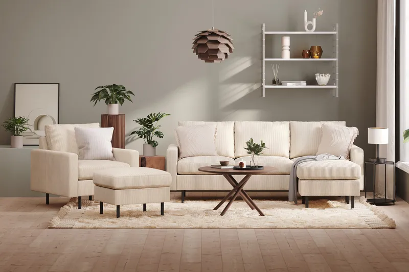 Peppe Soffgrupp 3-sits Vändbar L-formad Divansoffa + Fåtölj + Fotpall i Manchester - Beige - Möbler - Vardagsrum - Soffgrupper