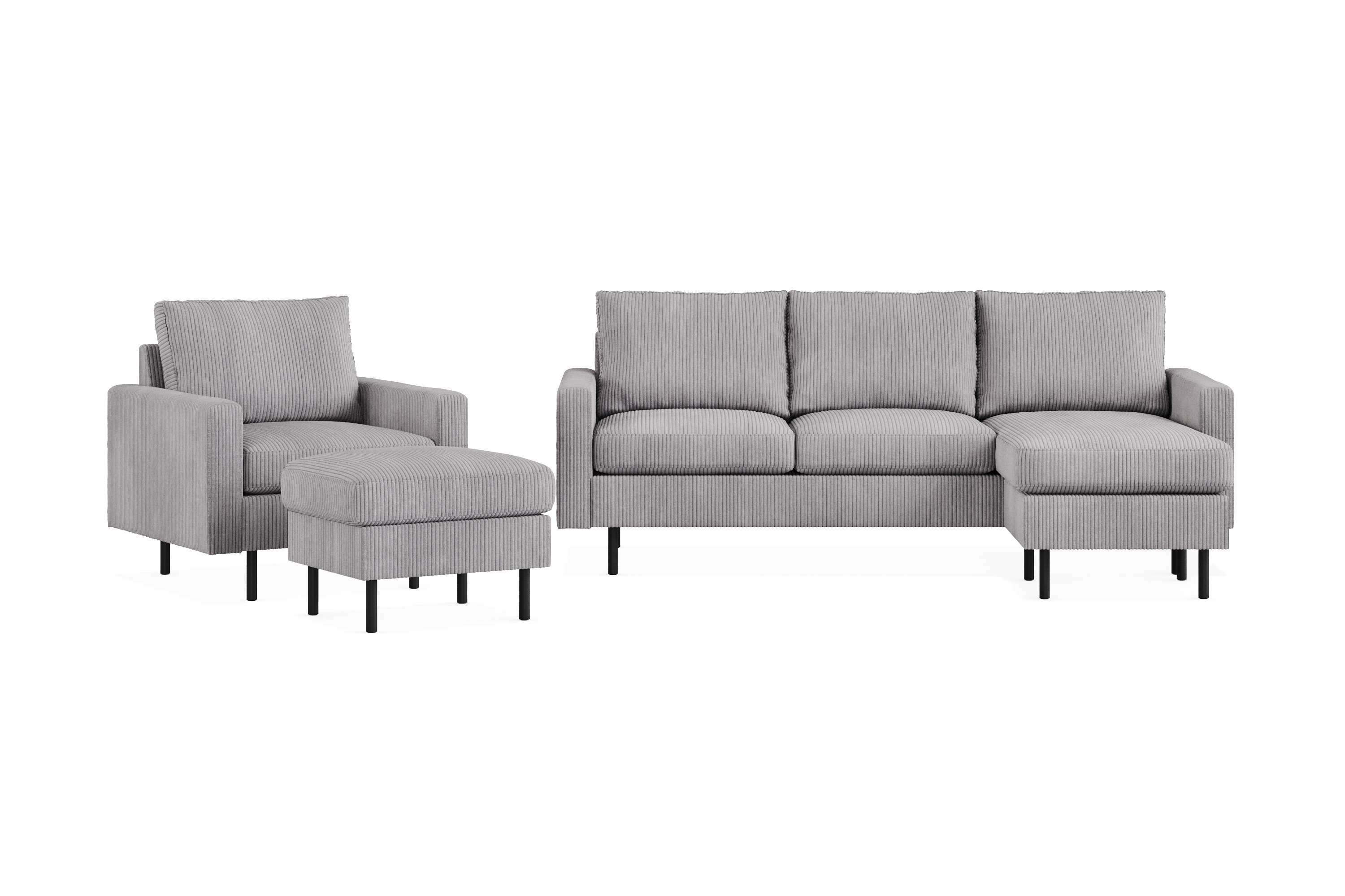 peppe soffgrupp 3-sits vändbar l-formad divansoffa + fåtölj + fotpall i manchester - mörkgrå