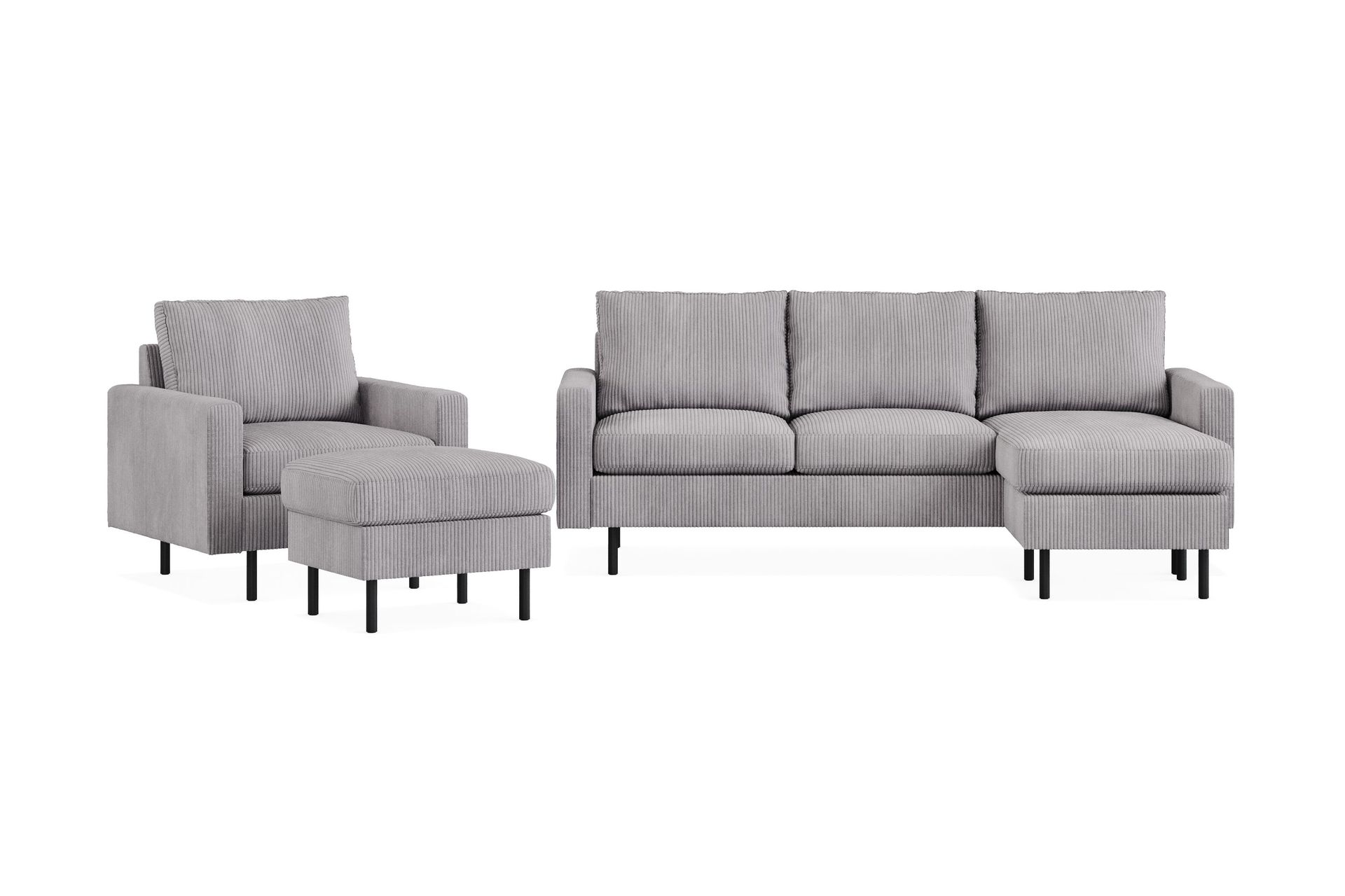 Peppe Soffgrupp 3-sits V&auml;ndbar L-formad Divansoffa + F&aring;t&ouml;lj + Fotpall i Manchester - M&ouml;rkgr&aring;