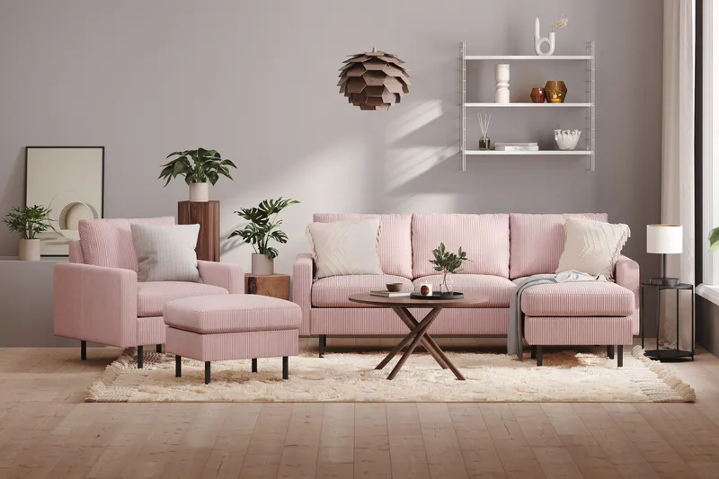 Peppe Soffgrupp 3-sits Vändbar L-formad Divansoffa + Fåtölj + Fotpall i Manchester - Rosa - Möbler - Vardagsrum - Soffgrupper